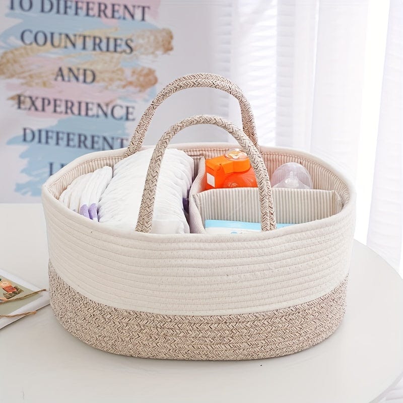 1pc Beige Woven Portable Storage Basket Baby Diaper Caddy Organizer For Boy Girl Diaper Organizer For Changing Table Perfect Basket For All Essentials