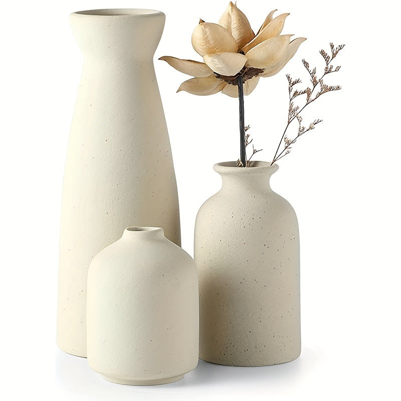 Boho Chic Beige 3pc Ceramic Vase Set - Modern Geometric Bud Vases